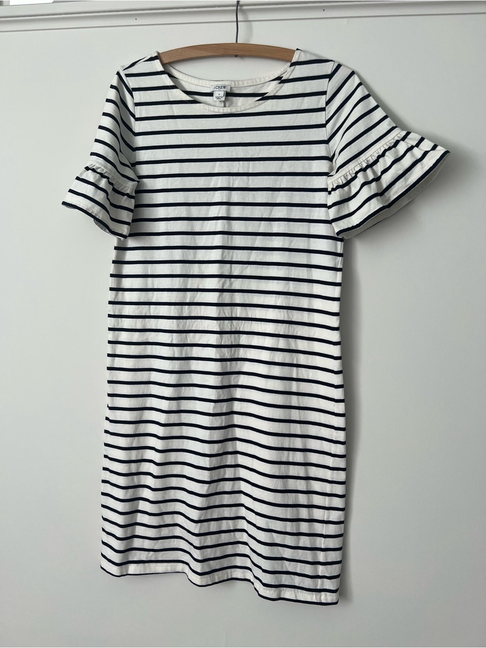 J. Crew White & Black Striped Cotton Ruffle-Sleeve Dress